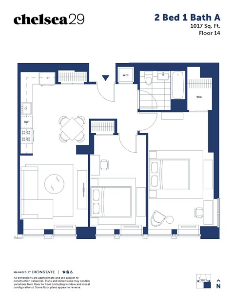 A floor plan for a 2 Bed 1 Bath apartment.